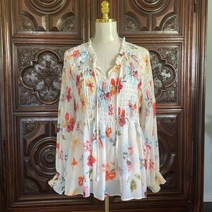 EUC Rose + Olive Sheer-ish Mulitcolor Long Sleeved Floral Flowy Blouse